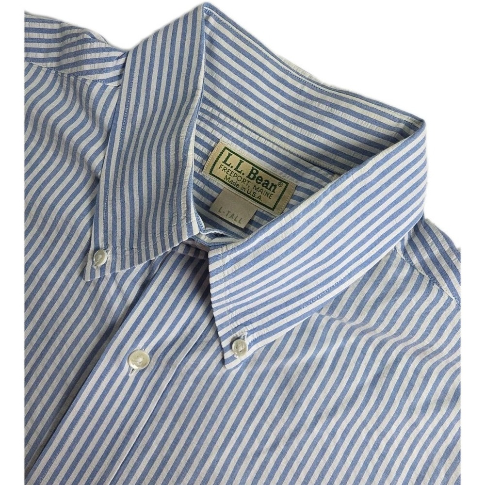 LL Bean Shirt Mens L-TALL Blue White Seersucker Striped Short Sleeve Button Down